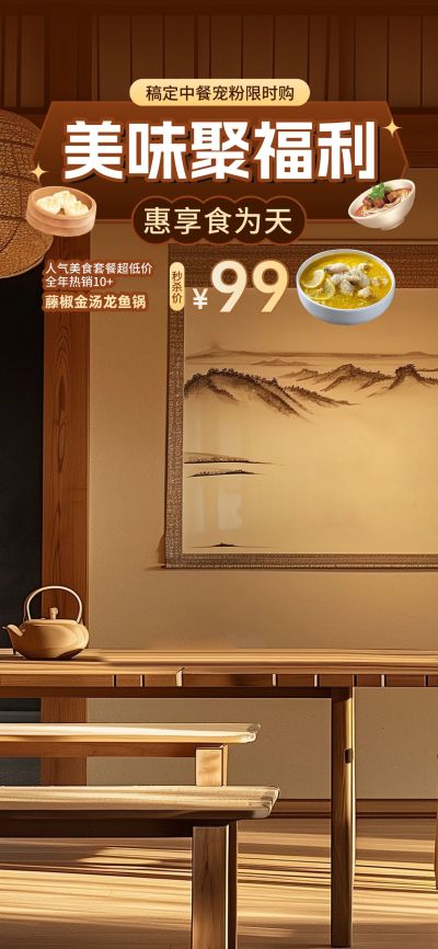 中国风中式餐饮美食直播间背景AIGC