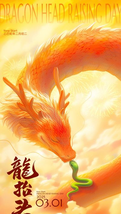 龙抬头蛇年龙蛇节日祝福全屏竖版海报AIGC
