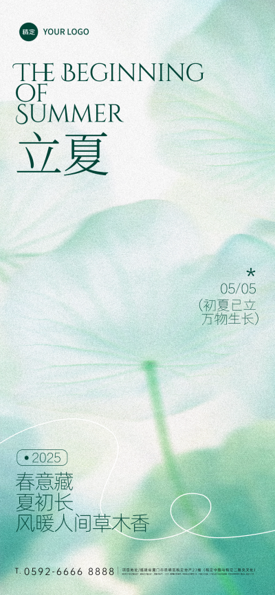 立夏肌理感荷叶池塘模糊背景全屏手机海报