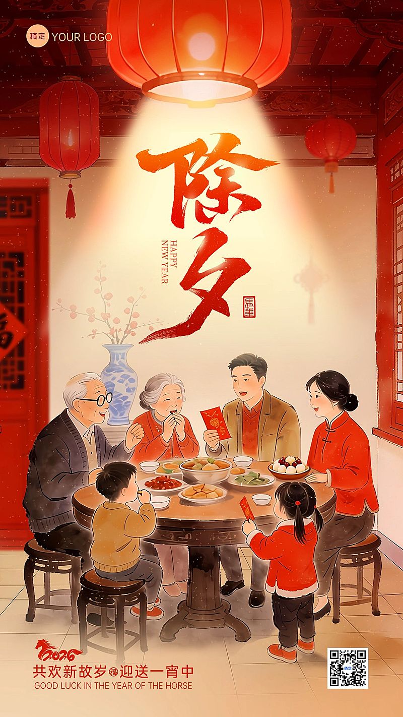 除夕节日祝福通用插画风竖版海报