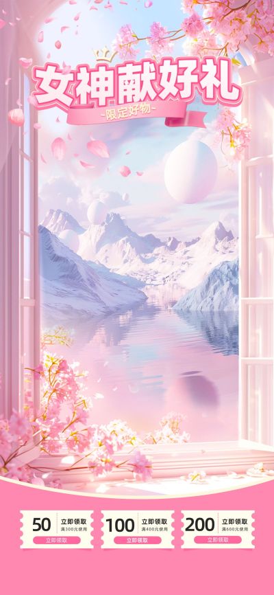 38女神节梦幻感花朵展台直播背景贴片套装