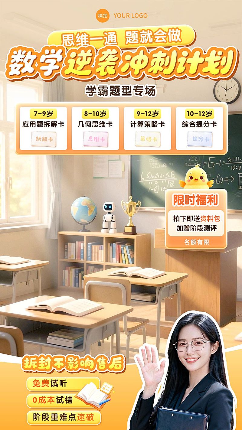 K12教育数学思维强化班教培电商直播背景贴片组合