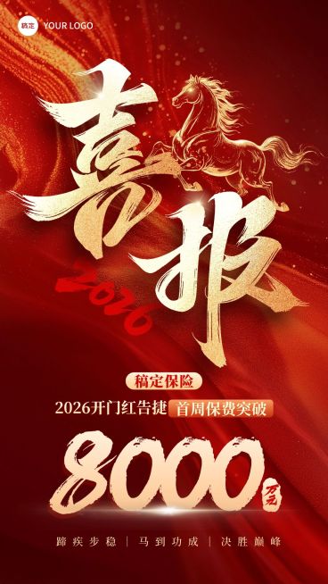 开门红金融保险马年业绩喜报手机海报预览效果