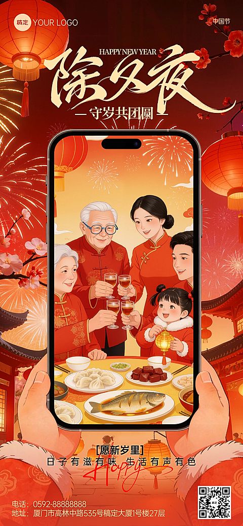 除夕年夜饭节日祝福通用喜庆感3d全屏竖版海报
