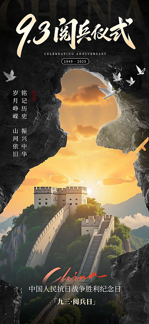 抗战胜利80周年祝福93阅兵实景感全屏竖版海报AIGC