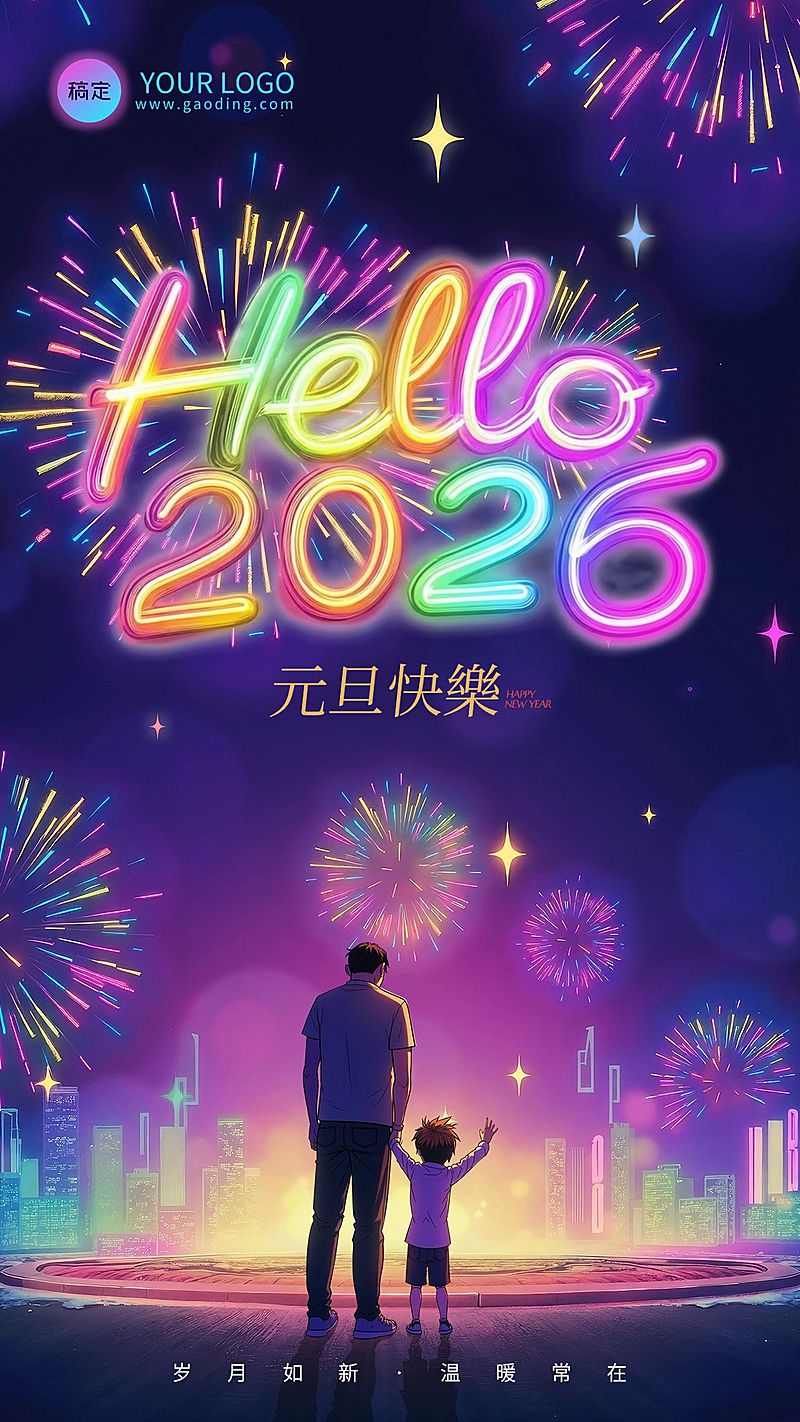 元旦你好2026节日祝福烟花字体竖版海报