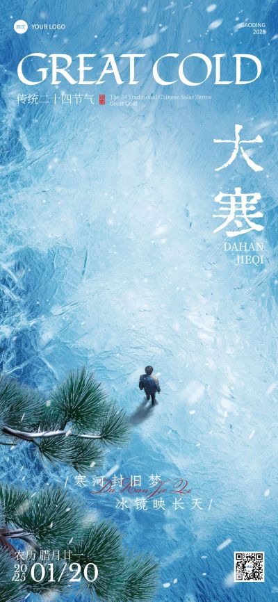 大寒节日祝福清透感实景全屏竖版海报AIGC