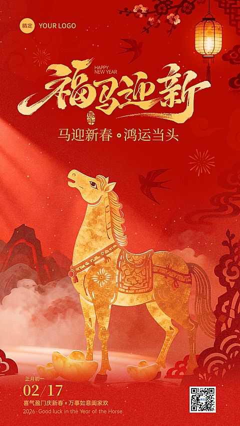 春节节日祝福通用喜庆感马年竖版海报