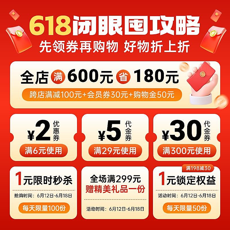 618大促红色攻略优惠券福利权益优惠券电商主图