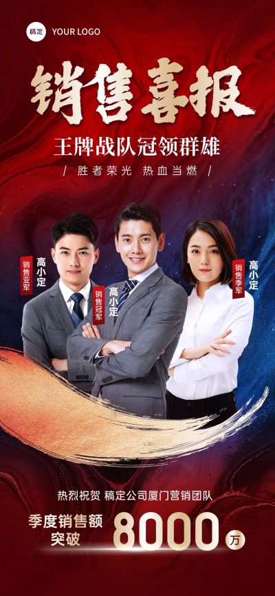 团队成绩红金多人人像喜报战报全屏海报