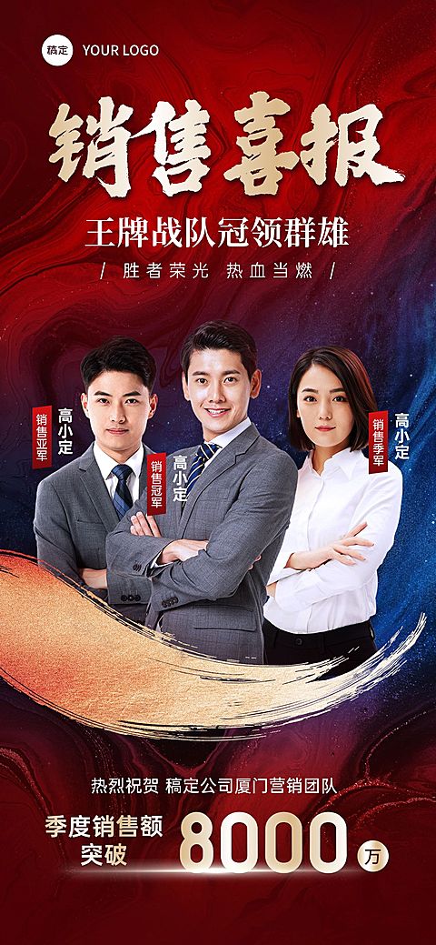 常规内容-团队成绩红金多人人像喜报战报全屏海报