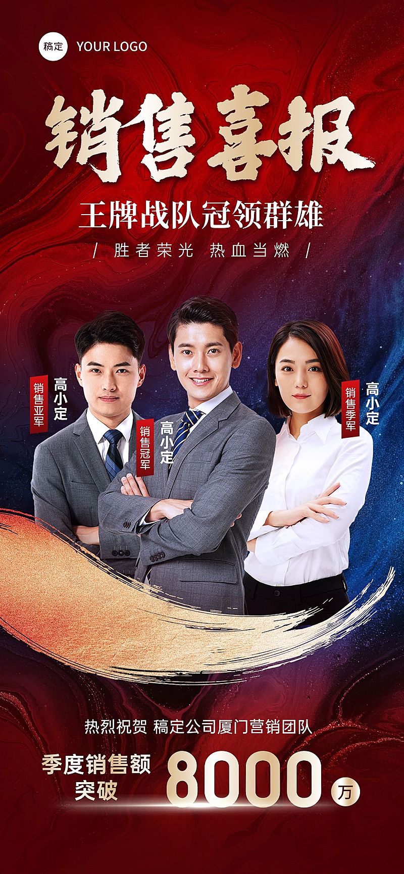 常规内容-团队成绩红金多人人像喜报战报全屏海报