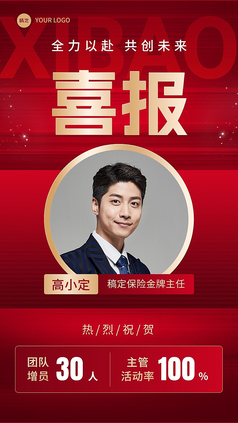 金融保险销售增员业绩表彰人物喜报贺报手机海报