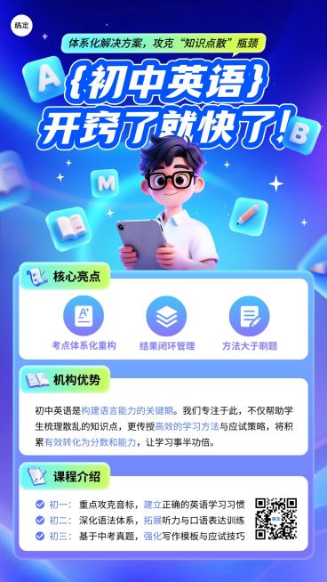 教育培训初中教育英语班课程营销竖版海报预览效果
