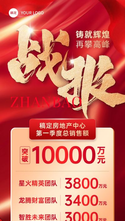 喜报战报红金配色艺术大字全屏海报AIG