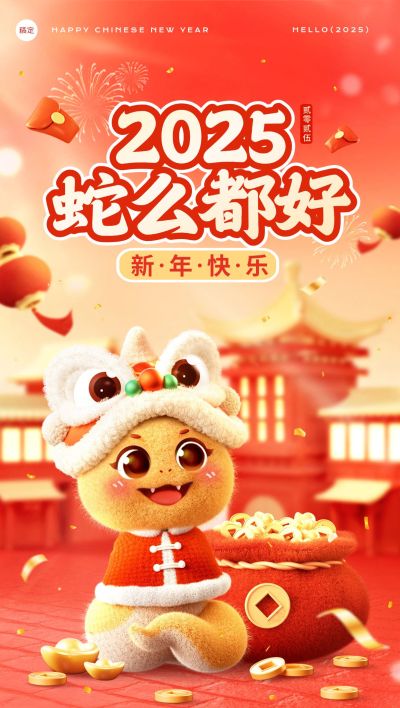 春节蛇年节日祝福毛毡材质全屏竖版海报