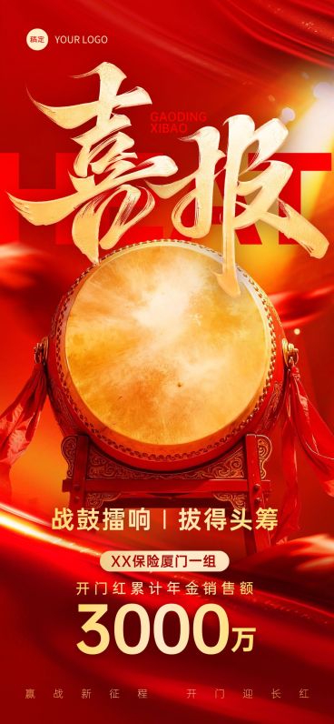 金融开门红业绩喜报战鼓红金喜庆励志全屏竖版海报AIGC预览效果