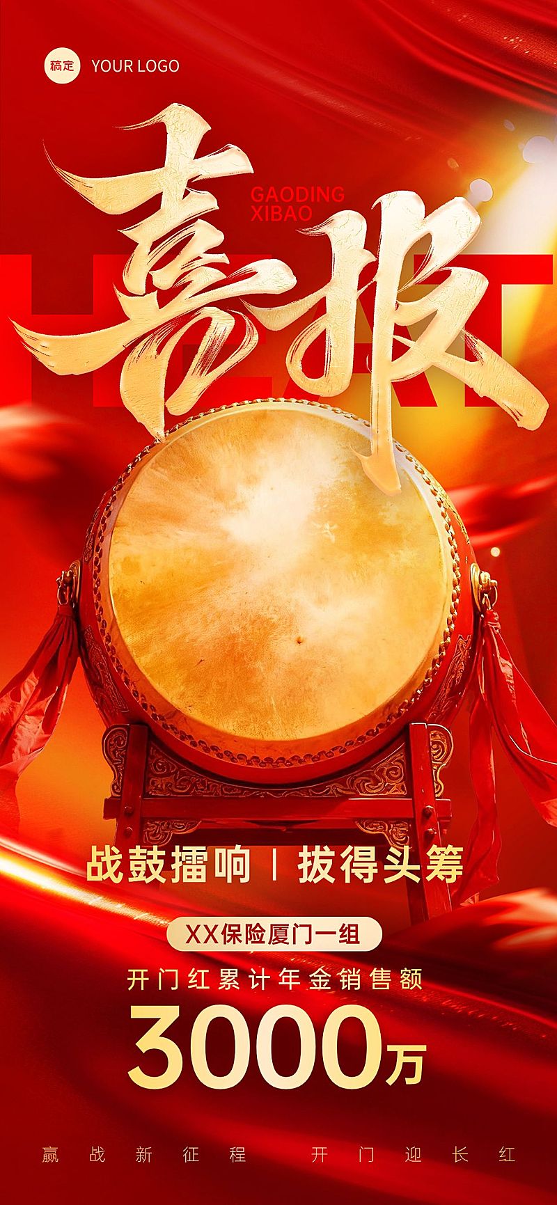 金融开门红业绩喜报战鼓红金喜庆励志全屏竖版海报AIGC