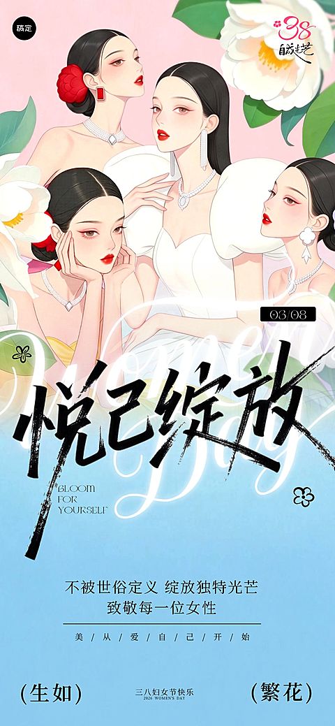 妇女节女神节女王节38节日祝福通用唯美感全屏竖版海报