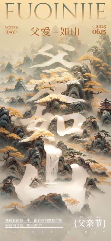 父亲节节日祝福中式感全屏竖版海报AIGC预览效果