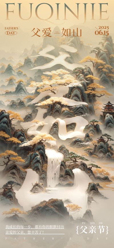 父亲节节日祝福中式感全屏竖版海报AIGC