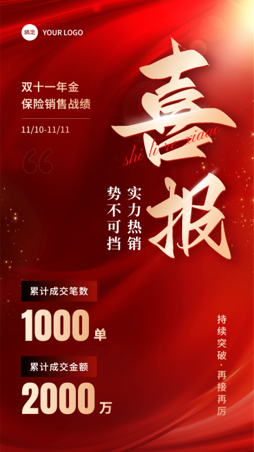 双十一金融保险销售业绩表彰喜报贺报喜庆风手机海报预览效果