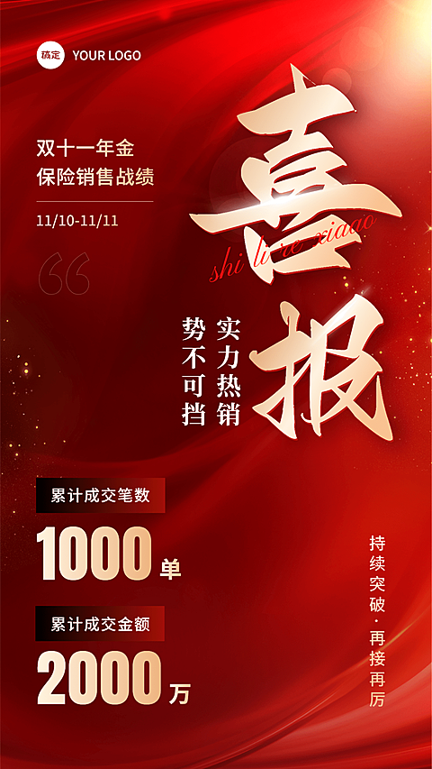 双十一金融保险销售业绩表彰喜报贺报喜庆风手机海报