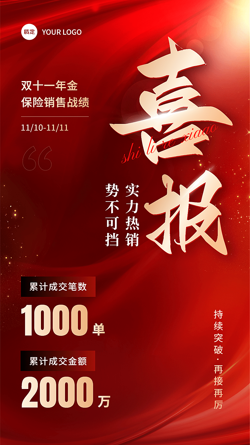 双十一金融保险销售业绩表彰喜报贺报喜庆风手机海报