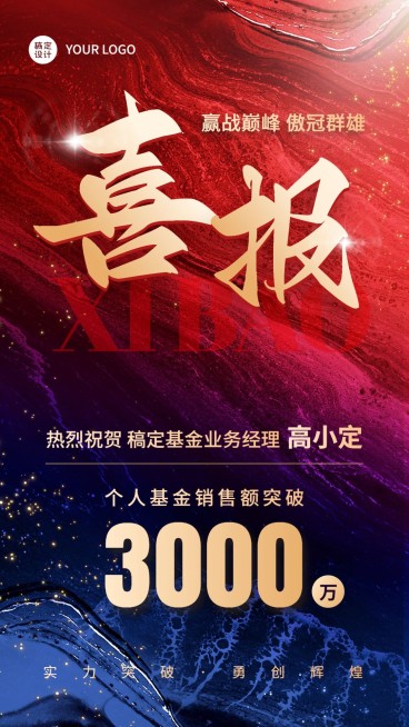 金融基金销售业绩表彰喜报大字激励手机海报预览效果