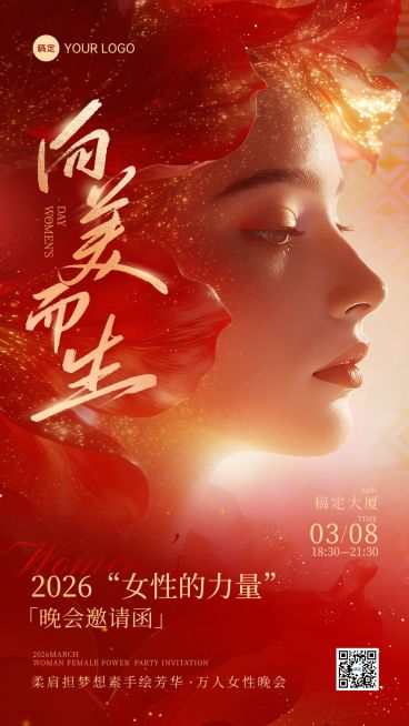 三八妇女节女神女王节企业行政邀请函红金唯美感手机海报预览效果