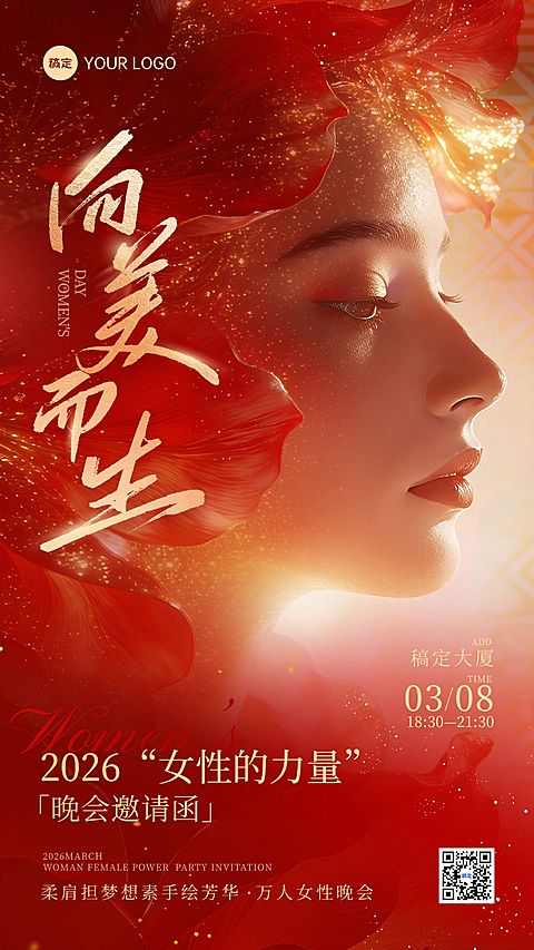 三八妇女节女神女王节企业行政邀请函红金唯美感手机海报