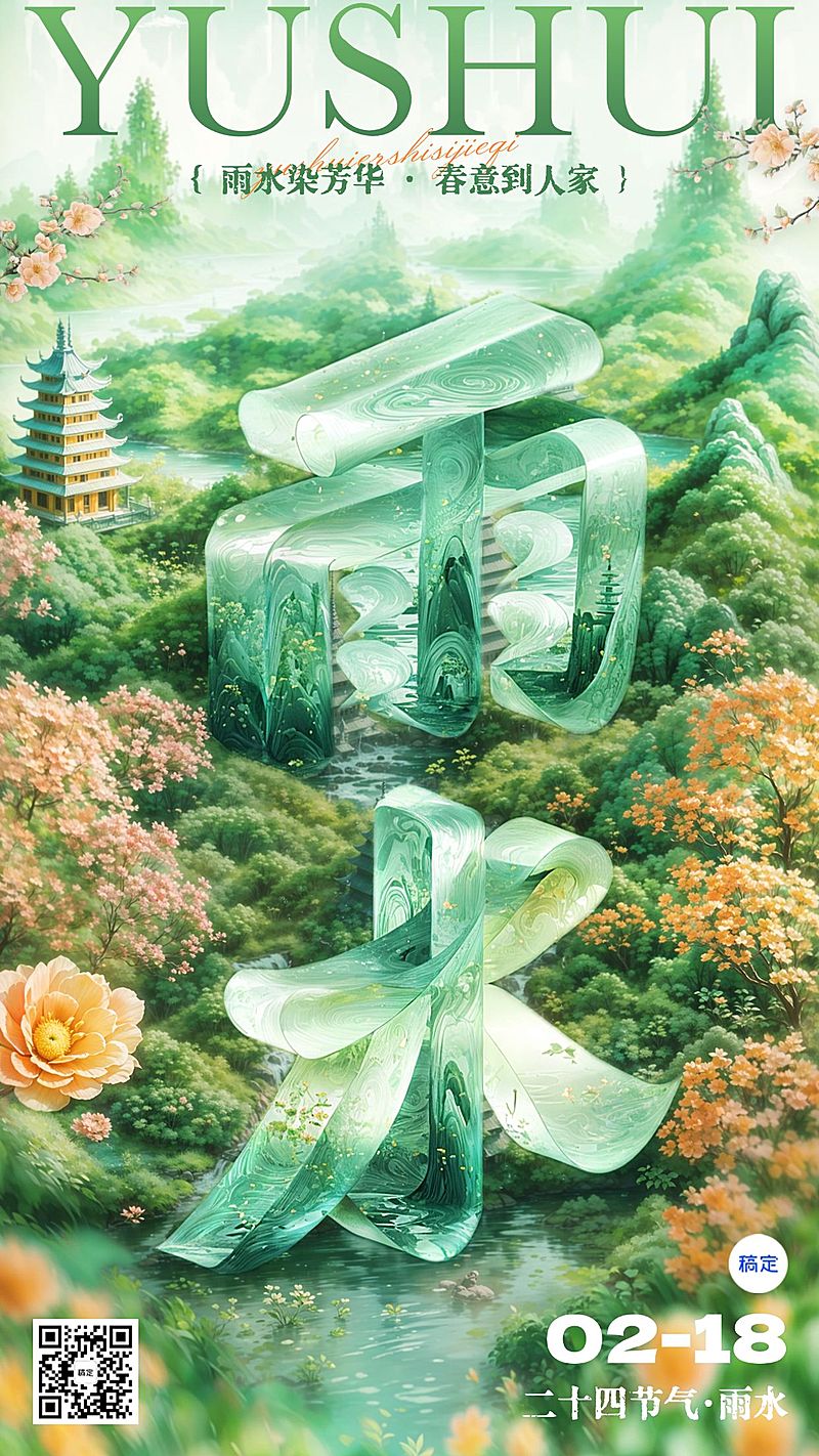 雨水节气祝福清新大字手机海报AIGC