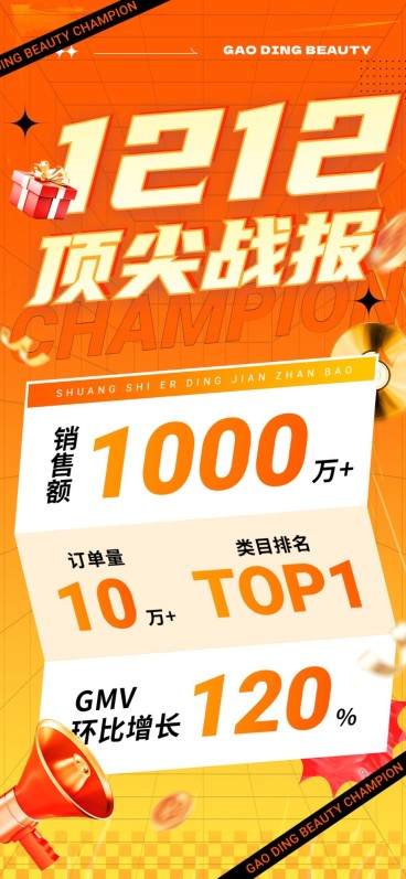 双十二美容美妆销售战报喜庆感大字风全屏竖版海报预览效果