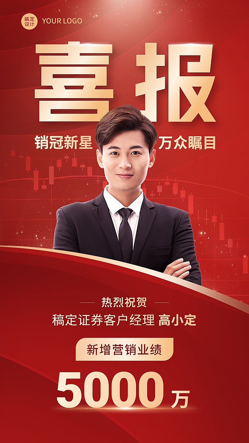 金融证券销售业绩表彰喜报人物喜庆风手机海报