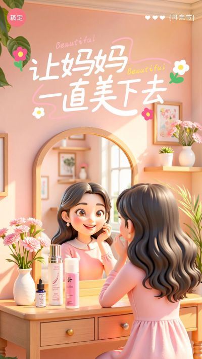 母亲节商品零售美妆节日营销温馨感全屏竖版海报AIGC