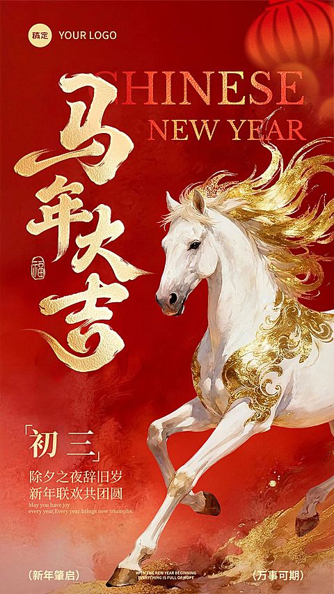 马年春节节日祝福通用喜庆感竖版海报
