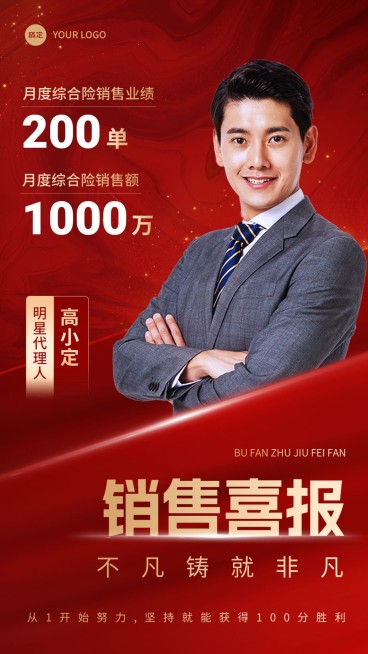 金融保险销售业绩人物表彰喜报手机海报预览效果