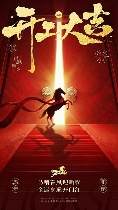 马年开门红开工大吉节点祝福激励通用竖版海报