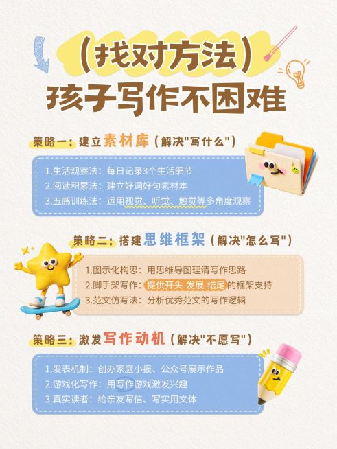 教育培训素质教育少儿写作技巧科普攻略分享拙气感插画风小红书配图预览效果
