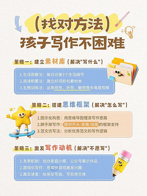 教育培训素质教育少儿写作技巧科普攻略分享拙气感插画风小红书配图