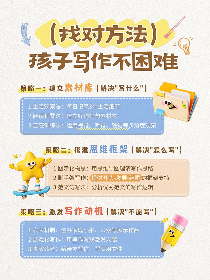 教育培训素质教育少儿写作技巧科普攻略分享拙气感插画风小红书配图