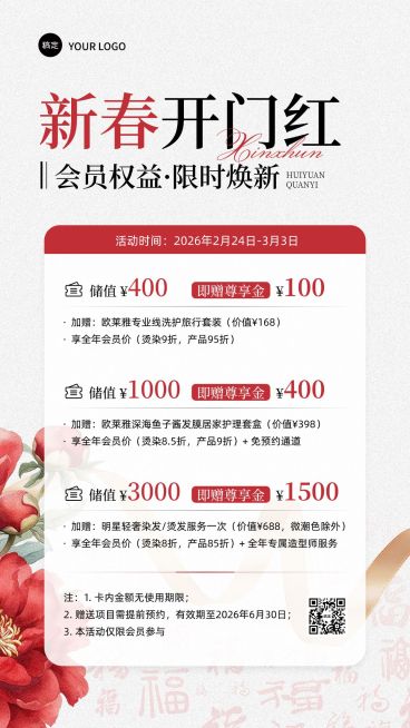 春节美业美发促销活动开门红喜庆感卡项竖版海报预览效果