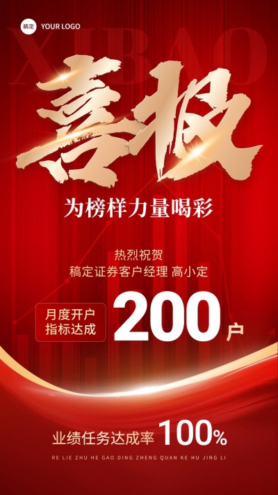 金融证券销售业绩表彰喜报大字喜庆手机海报
