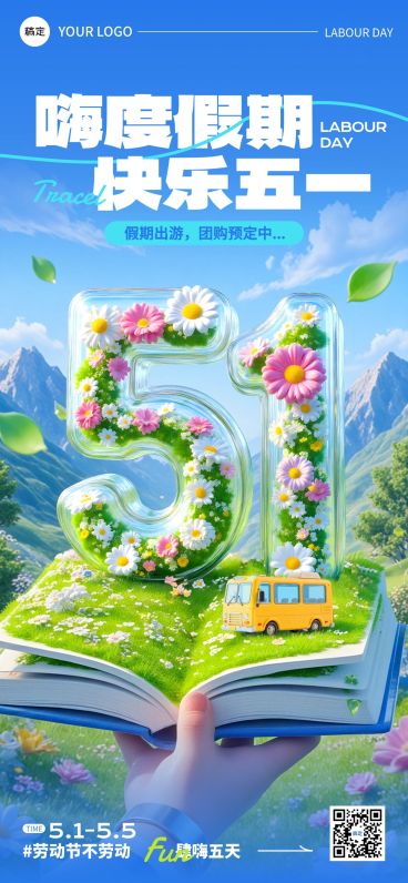 51五一劳动节节日营销旅游出行3D感全屏海报预览效果