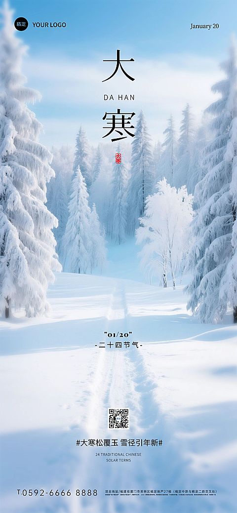 大寒节气祝福实景感雪地通用全屏竖版海报