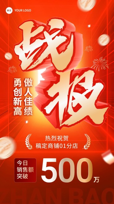 商品零售销售业绩表彰喜报战报大字手机海报预览效果
