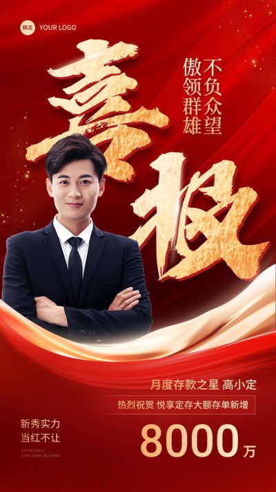 金融银行业绩存单表彰人物喜报手机海报