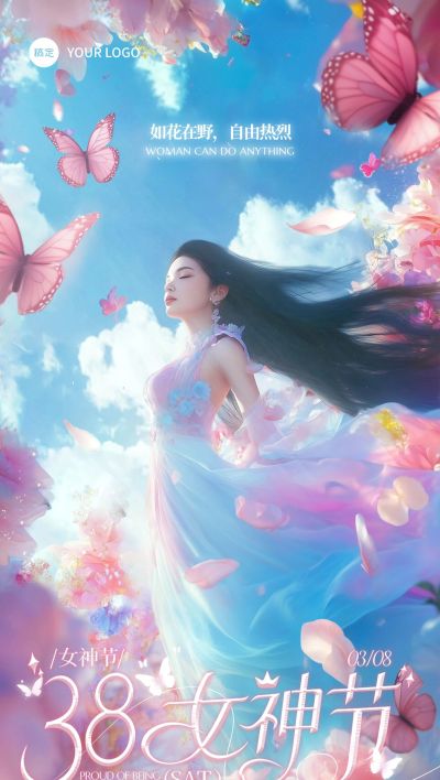 三八妇女节唯美感花海女神海报AIGC