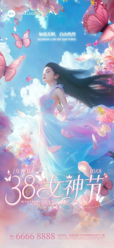 三八妇女节唯美感花海女神海报AIGC