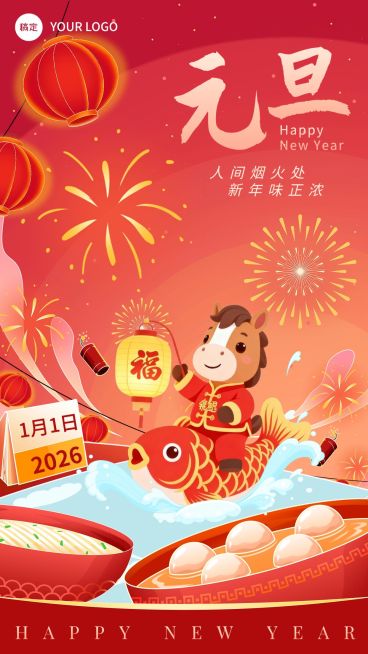 元旦2026新年金融保险节日祝福插画手机海报预览效果